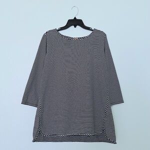 Ruby Rd. Black & White Stripe Print Knit Crew Neck Three Quarter Sleeve Top